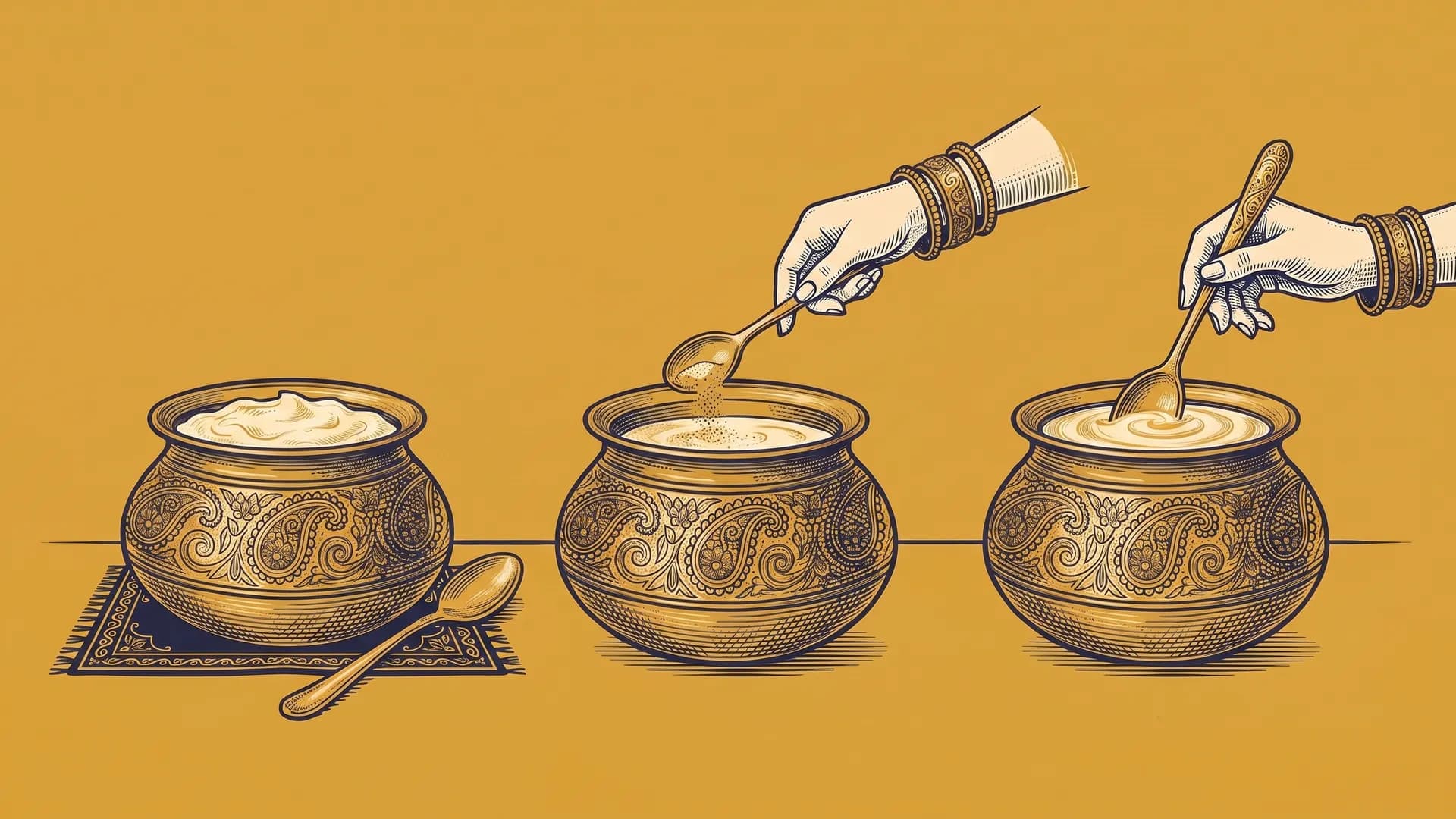 Engraved metal bowls of dahi in the Heldi pouch style, shown three times: a full bowl with a spoon resting beside it, a bangled hand sprinkling a spoonful across the surface, and another hand stirring it smooth with a spoon.