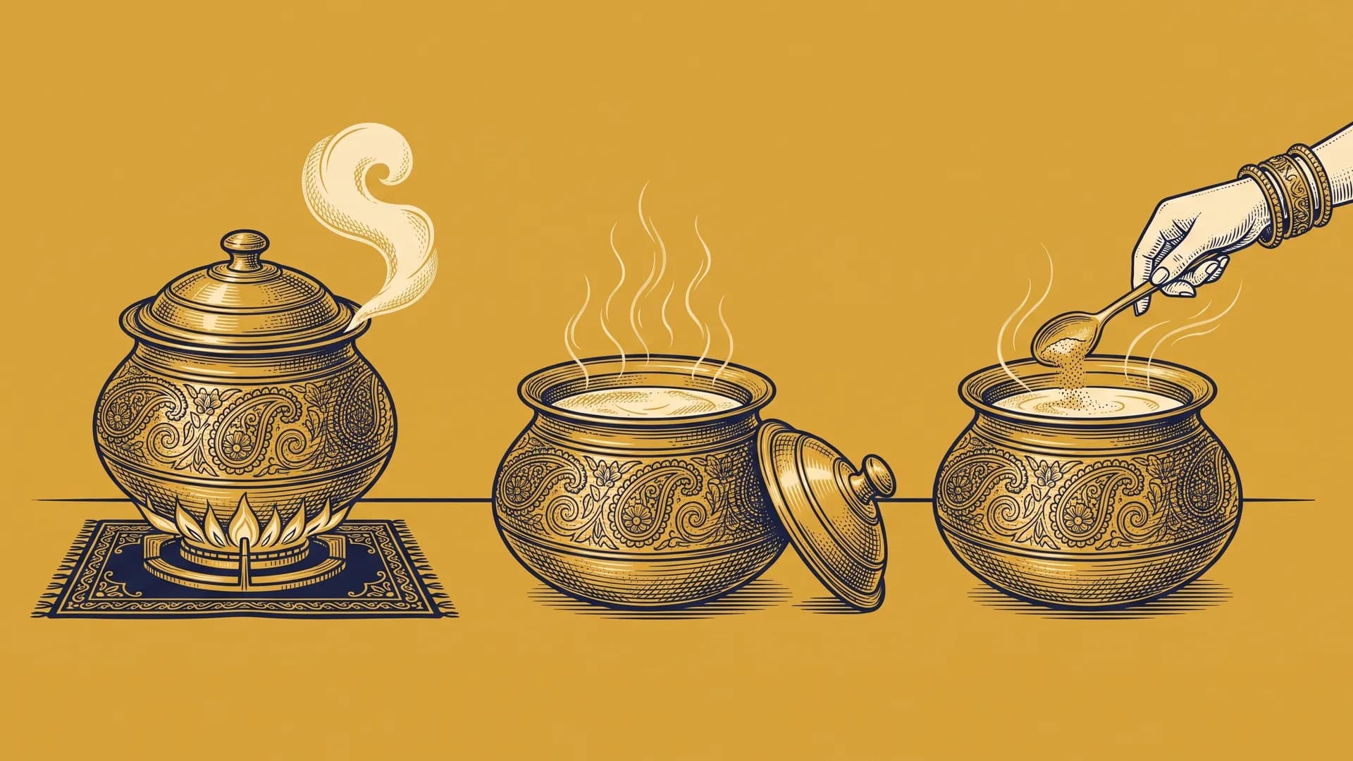Engraved brass pot in the Heldi pouch style, shown three times: cooking over a flame, off the heat with its lid set aside, and with a bangled hand stirring in a spoonful.