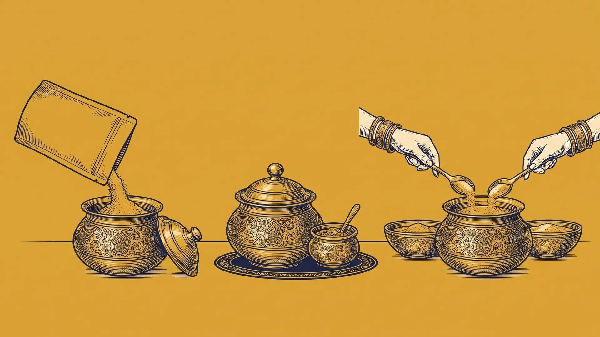 Engraved table jar in the Heldi pouch style, shown three times: a plain pouch pouring powder into the open jar, the closed jar parked beside a little achaar pot, and two bangled hands lifting spoonfuls toward their own bowls.